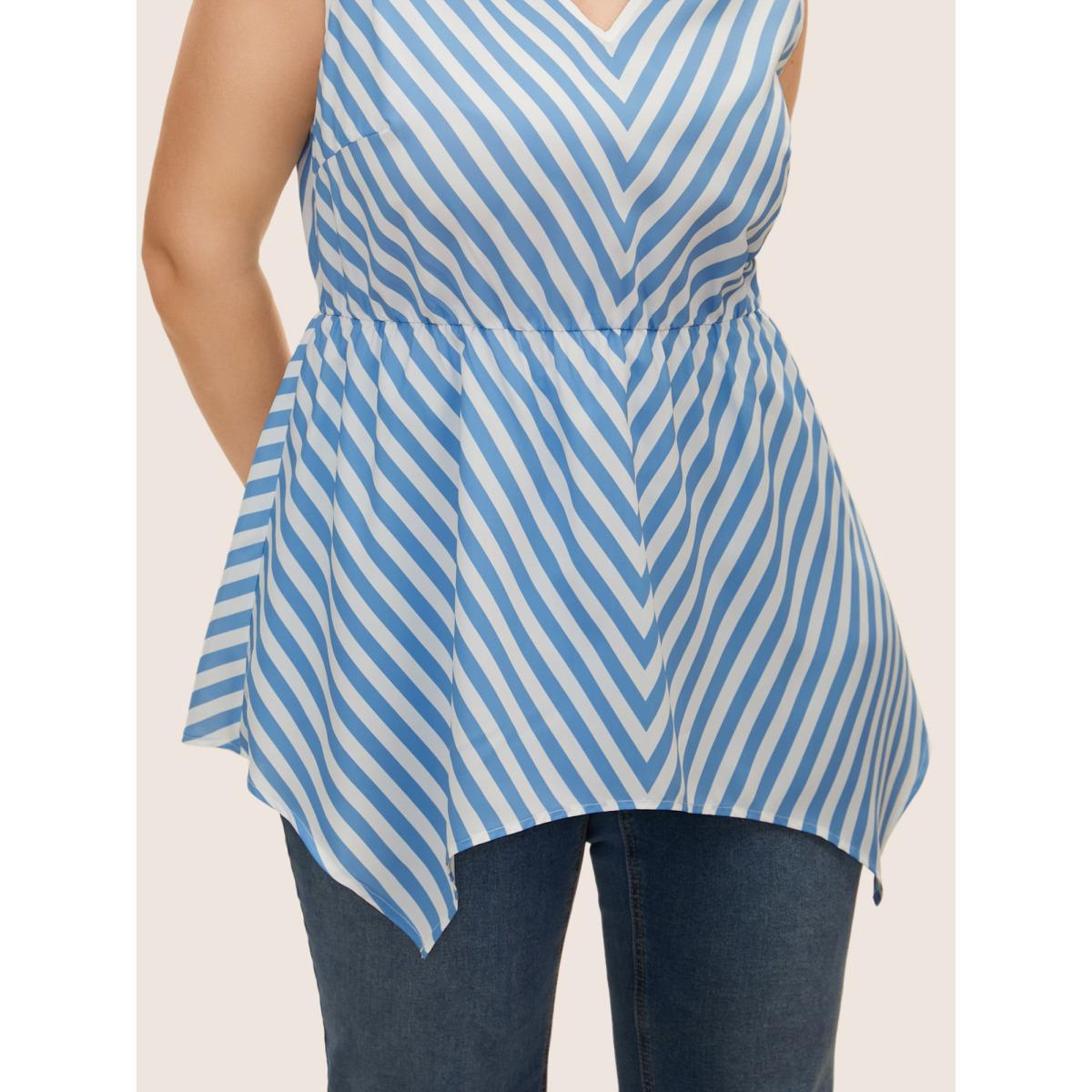 Plus Size Striped Elastic Waist Hanky Hem Tank Top Women LightBlue Casual Contrast V-neck Everyday Tank Tops Camis BloomChic 10/M Product Image