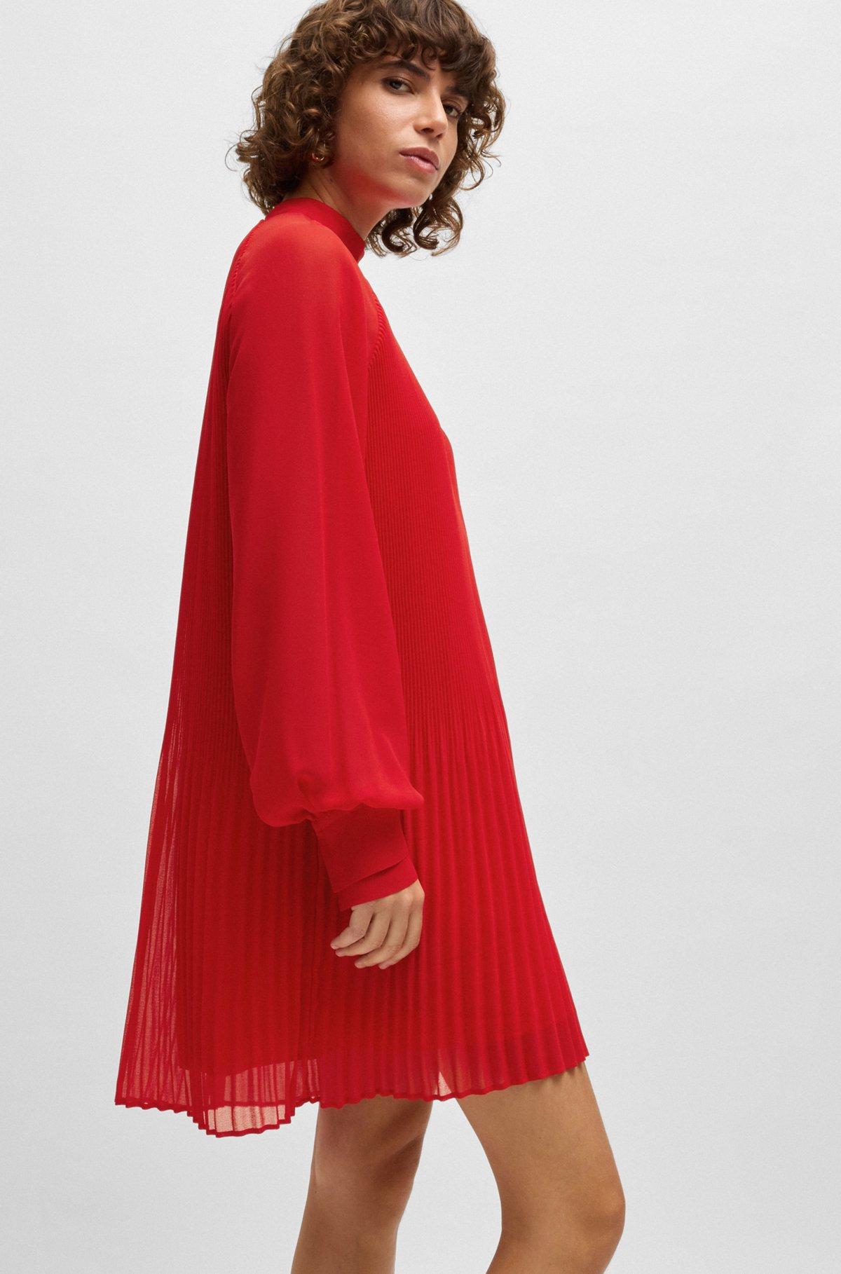 High-neck dress with plissé pleats and sheer sleeves Product Image