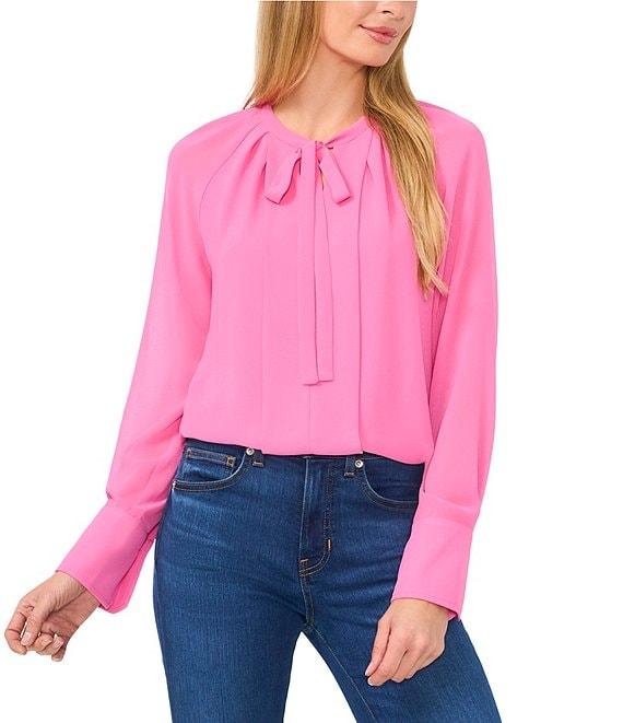 CeCe Woven V-Neck Long Sleeve Tie Front Blouse Product Image
