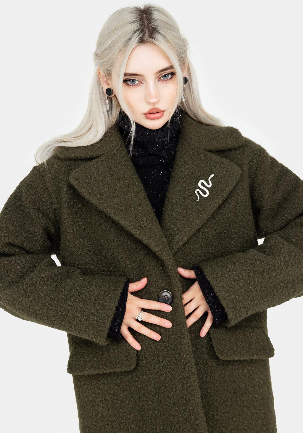 Gorgon Bouclé Oversized Coat with Snake Brooch - Green Product Image