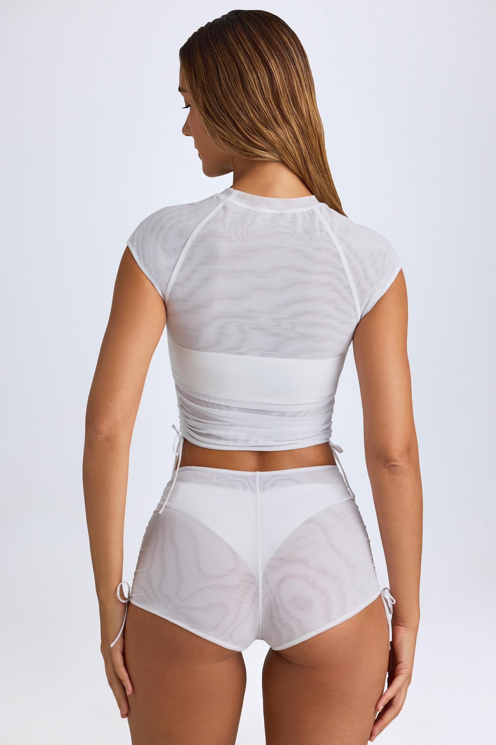 Sheer Ruched Mini Shorts in White Product Image