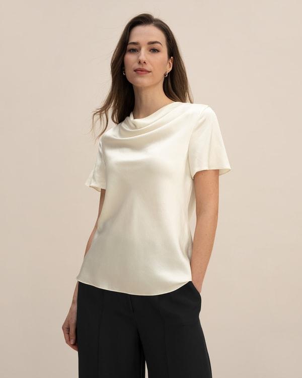 LILYSILK Women's Silk Cowl Neck Top, Smooth Charmeuse, Lily White, Size 10 Product Image