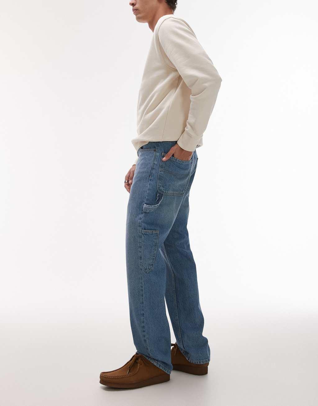 Topman rigid straight leg carpenter jeans in mid wash blue | ASOS Product Image