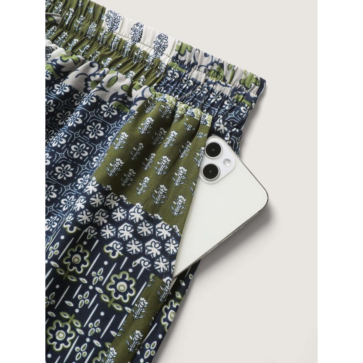 Plus Size Floral Collage Drawstring Wide-Leg Pants Women Moss Boho Loose Mid Rise Vacation Pants BloomChic 22-24/3X Product Image