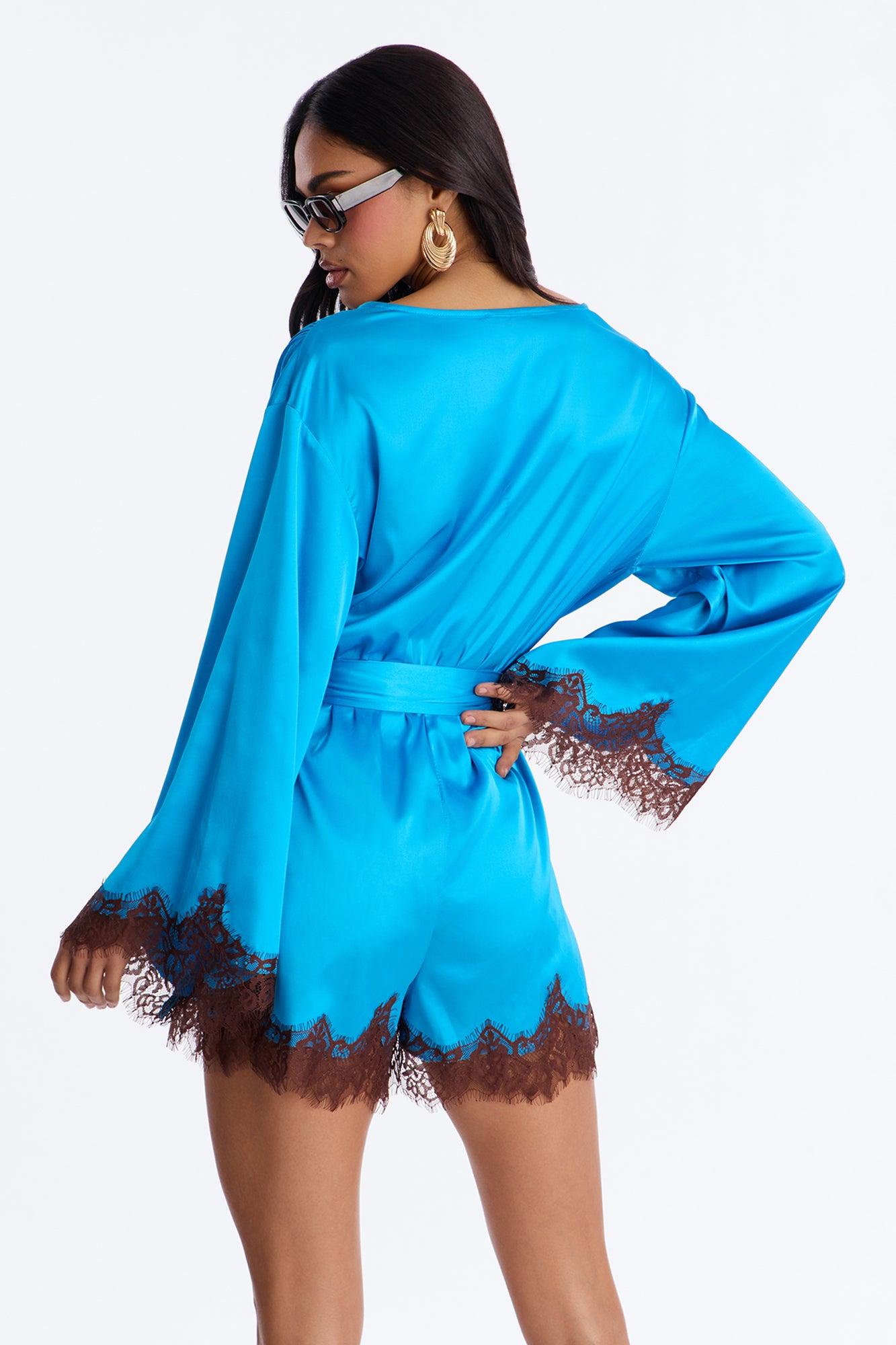 Cherie Satin Lace Trim Romper - Blue Female Product Image
