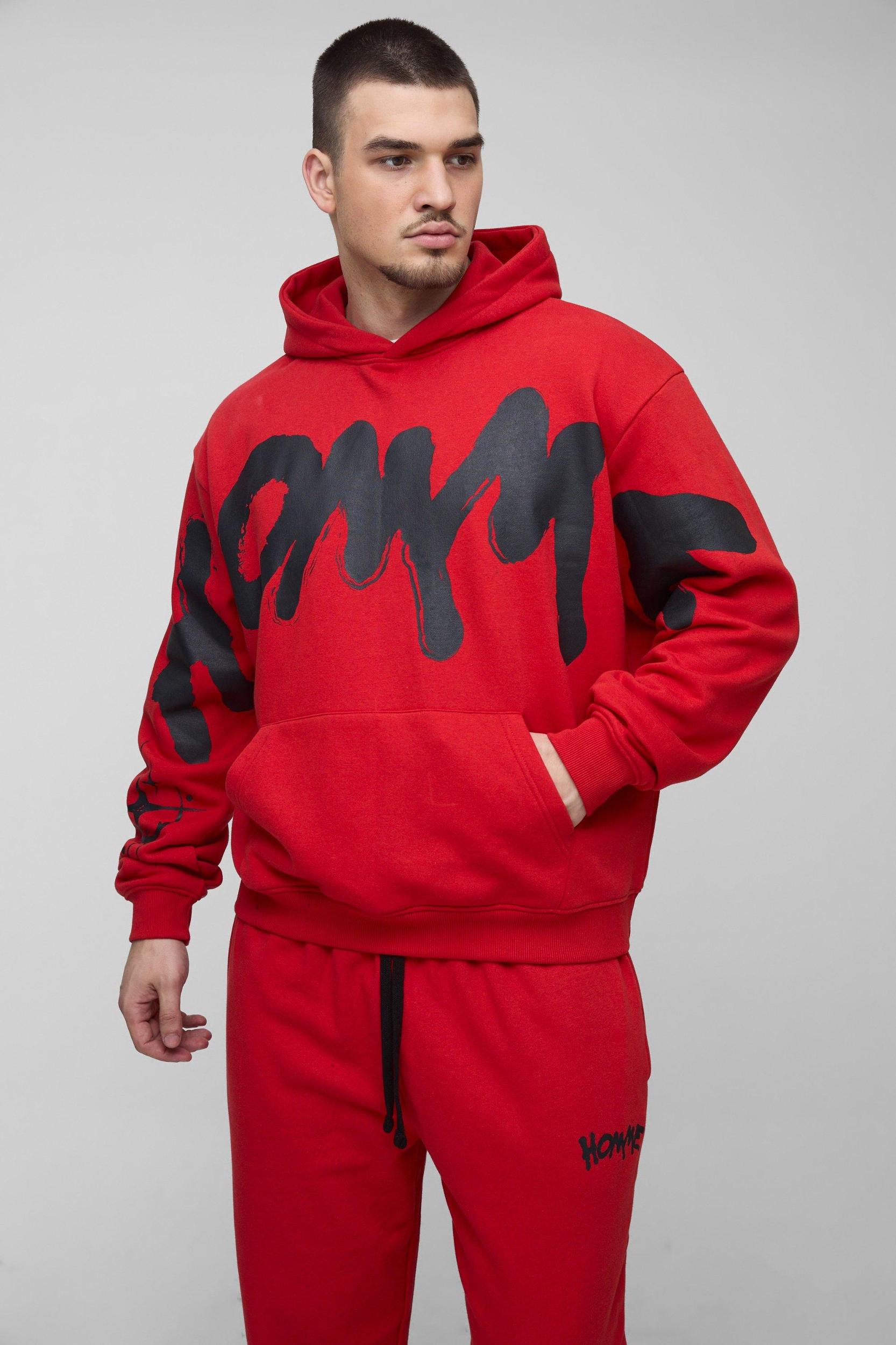 Tall Oversized Boxy Homme Graffiti Print Hooded Tracksuit | boohooMAN USA Product Image