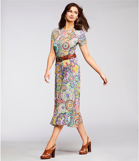 JOHNNY WAS The Janie Favorite Bamboo Knit Napperon Print Crew Neck Short Sleeve Sheath Midi Dress Product Image