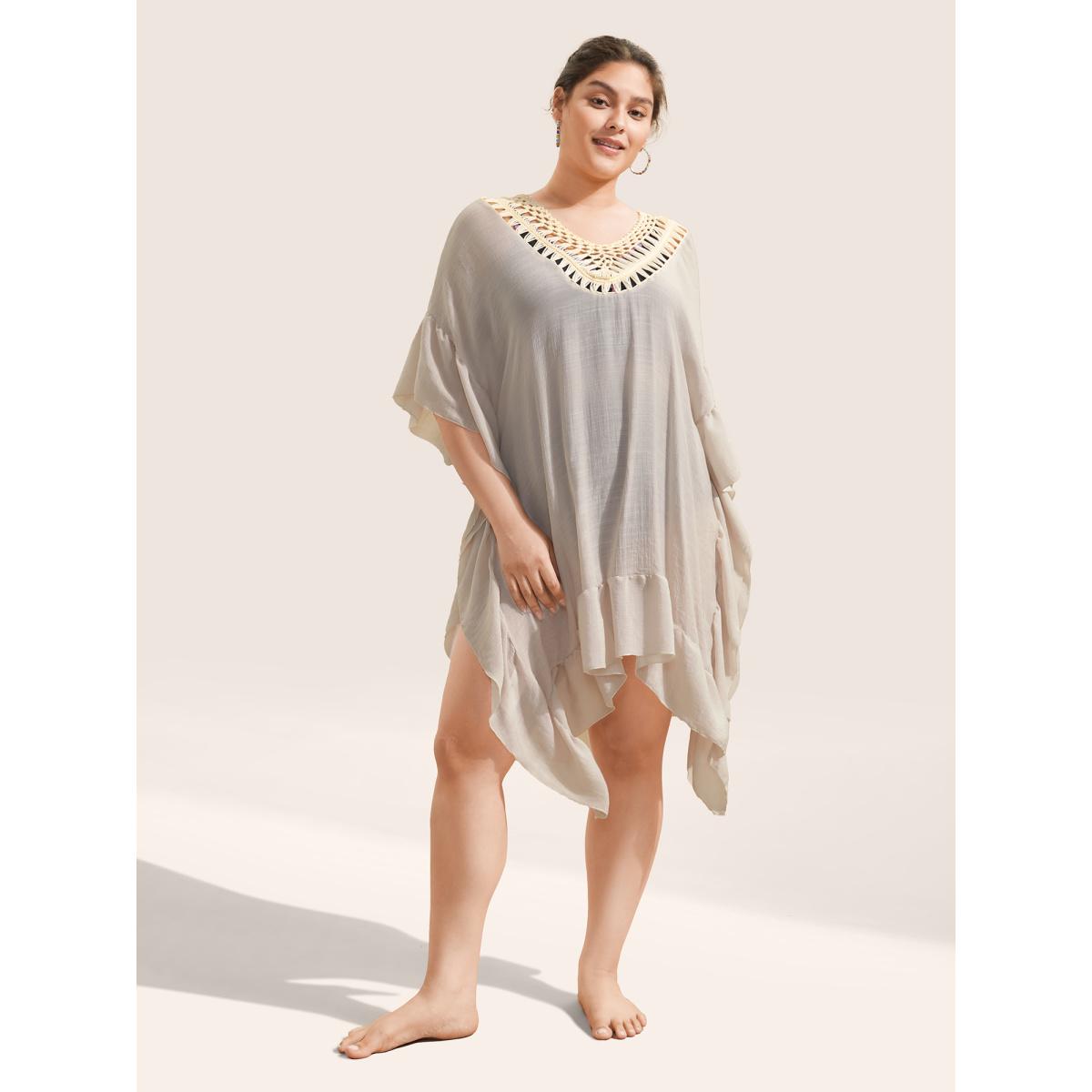 Plus Size Woven Neck Ruffles Hanky Hem Swim Cover Up Women's Swimwear MistyRose Beach Loose Crochet Curve Swim Cover Ups BloomChic 10/M Product Image