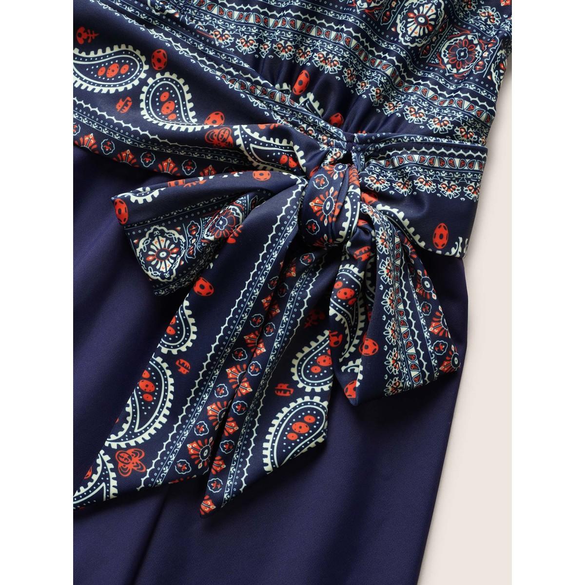 Plus Size Bandana Print Ties Knotted Patchwork Swim Dress Women's Swimwear Indigo Beach Bodycon Deep V-neck High stretch Curve Swim Dresses BloomChic 10/M Product Image
