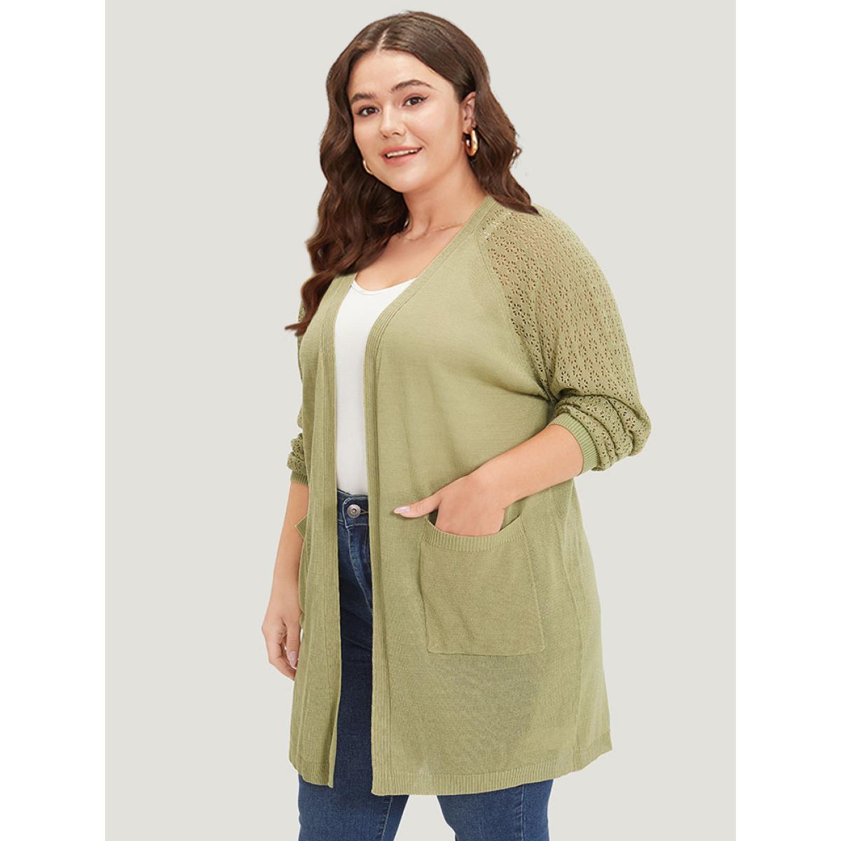 Plus Size Solid Patched Pocket Geometric Eyelet Raglan Sleeve Cardigan Olive Women Casual Loose Long Sleeve Dailywear Cardigans BloomChic 10/M Product Image