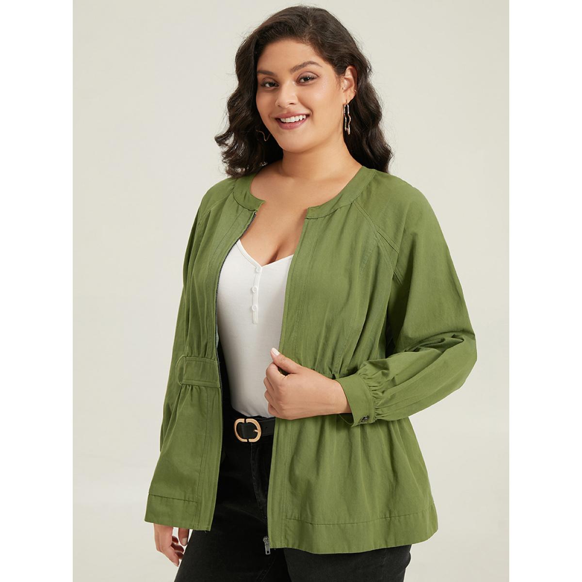 Plus Size Solid Gathered Detail Belted Zipper Fly Coat Women Moss Casual Gathered Ladies Dailywear Winter Coats BloomChic 26/4X Product Image
