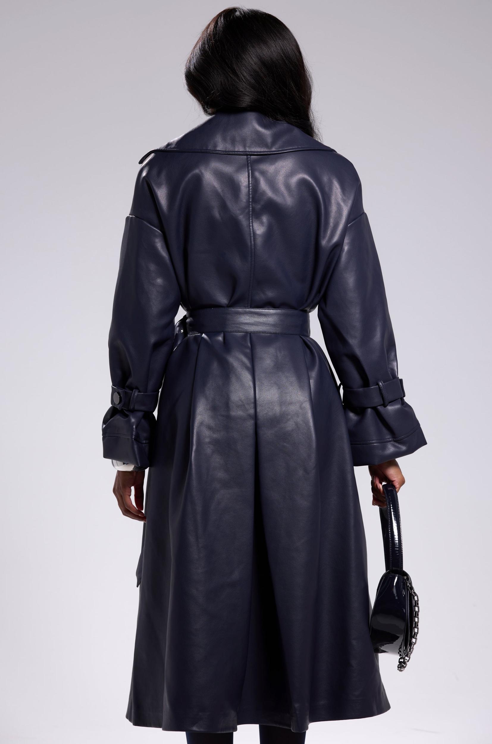 ALINNA FAUX LEATHER TRENCH IN NAVY Product Image