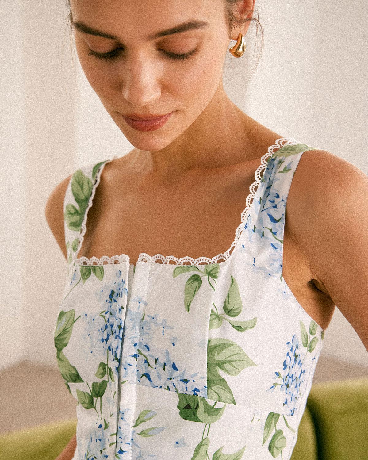 The White Square Neck Floral A-Line Midi Dress Product Image