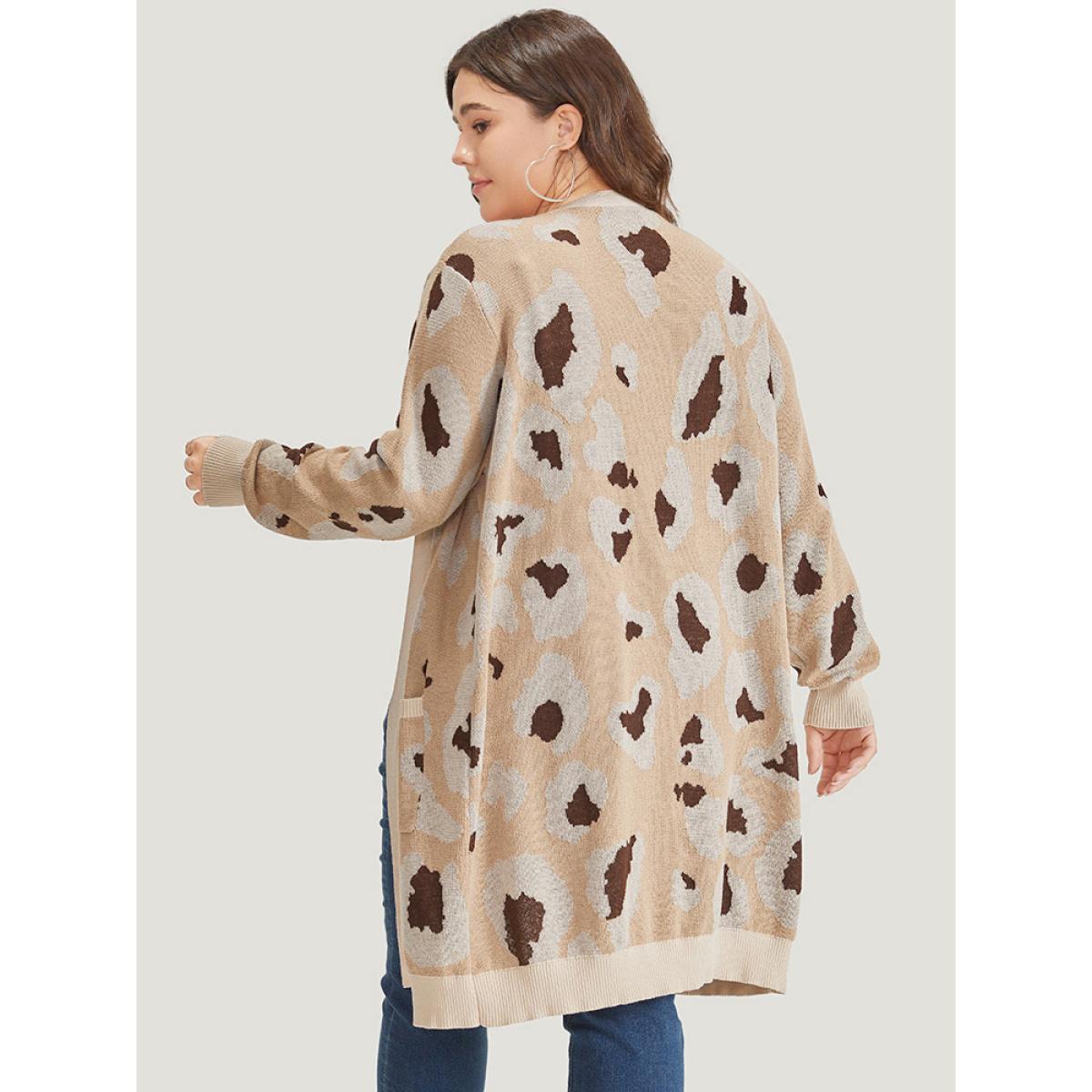 Plus Size Leopard Print Open Front Patched Pocket Cardigan Leopard Women Casual Loose Long Sleeve Dailywear Cardigans BloomChic 12/L Product Image