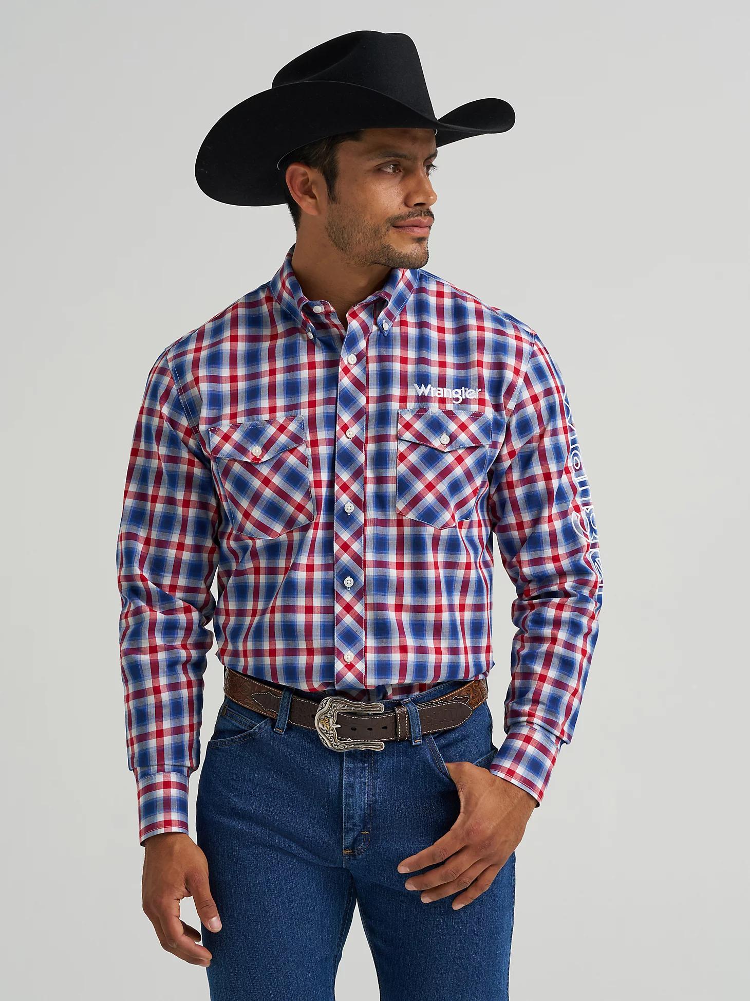 Men's Wrangler® Logo Long Sleeve Button-Down Plaid Shirt in Americana Product Image
