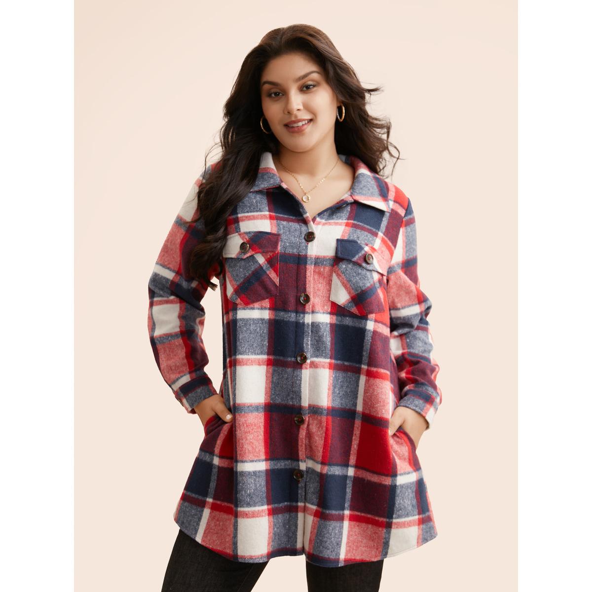 Plus Size Plaid Chest Pockets Long Jacket Women Crimson Button Loose Side seam pocket Everyday Jackets BloomChic 30/6X Product Image