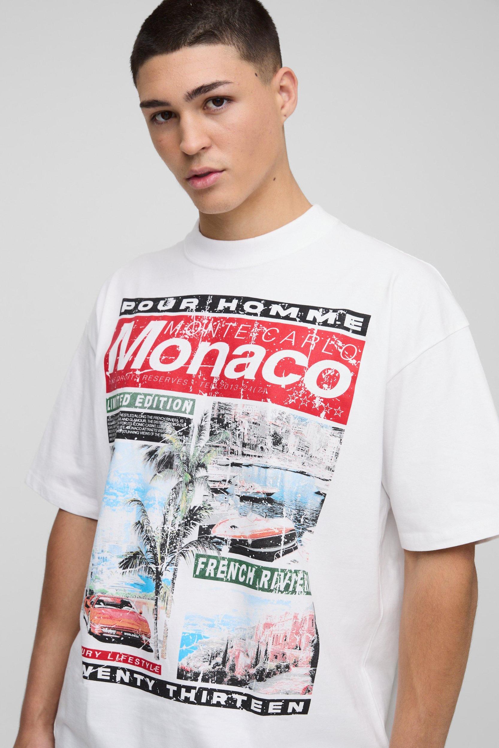 White Oversized Boxy Extended Neck Monaco Magazine Graphic T-Shirt | boohooMAN USA Product Image