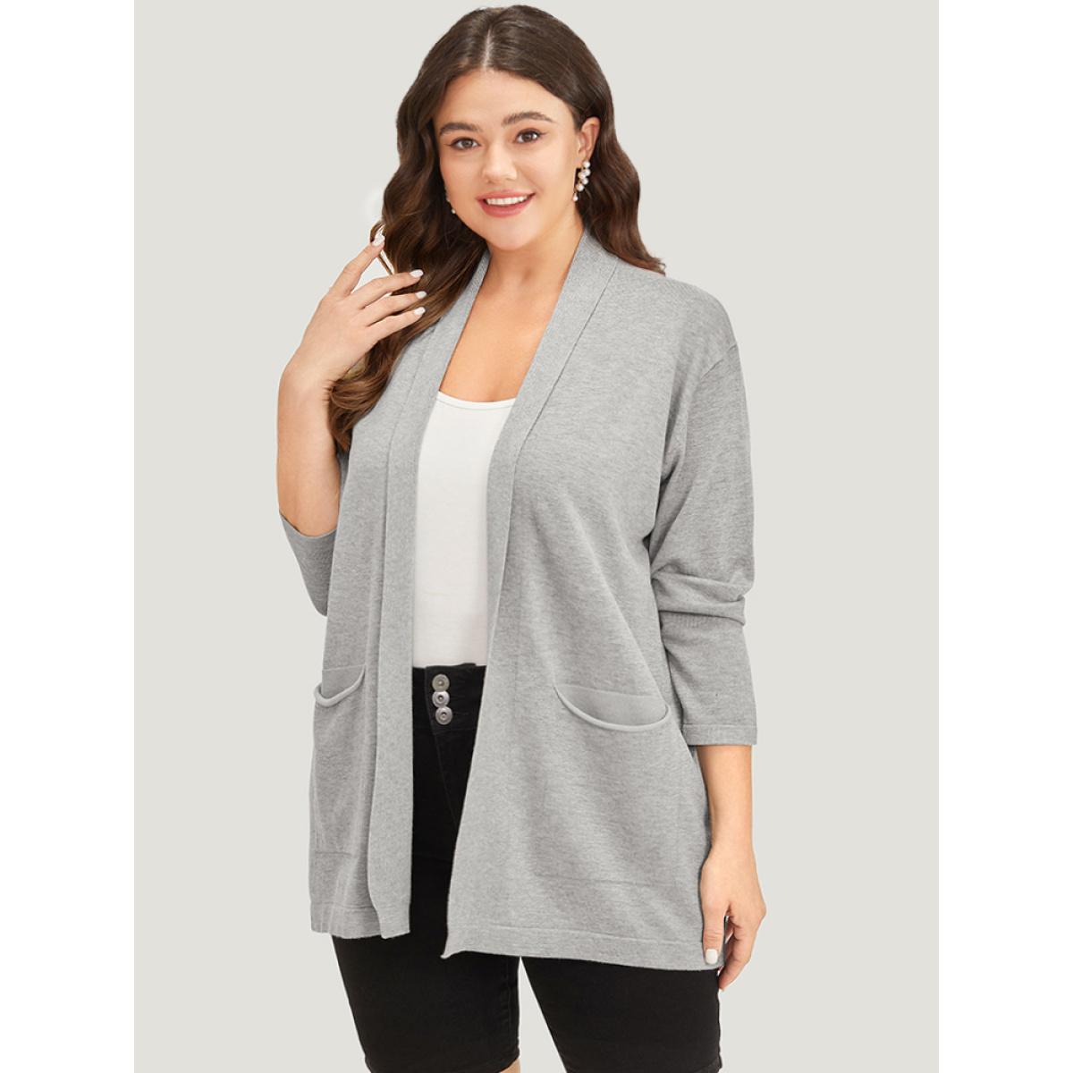 Plus Size Supersoft Essentials Plain Lapel Collar Patched Pocket Cardigan DarkGray Women Basics Loose Long Sleeve Everyday Cardigans BloomChic 28/5X Product Image