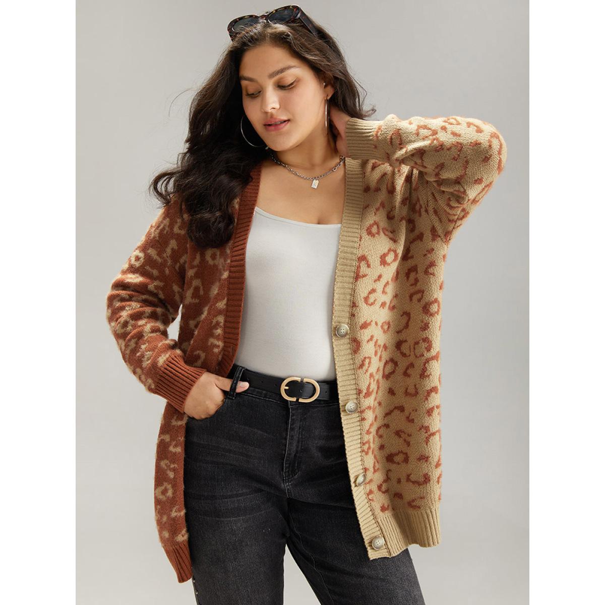 Plus Size Leopard Print Contrast Button Through Cardigan Leopard Women Casual Loose Long Sleeve Dailywear Cardigans BloomChic 22-24/3X Product Image