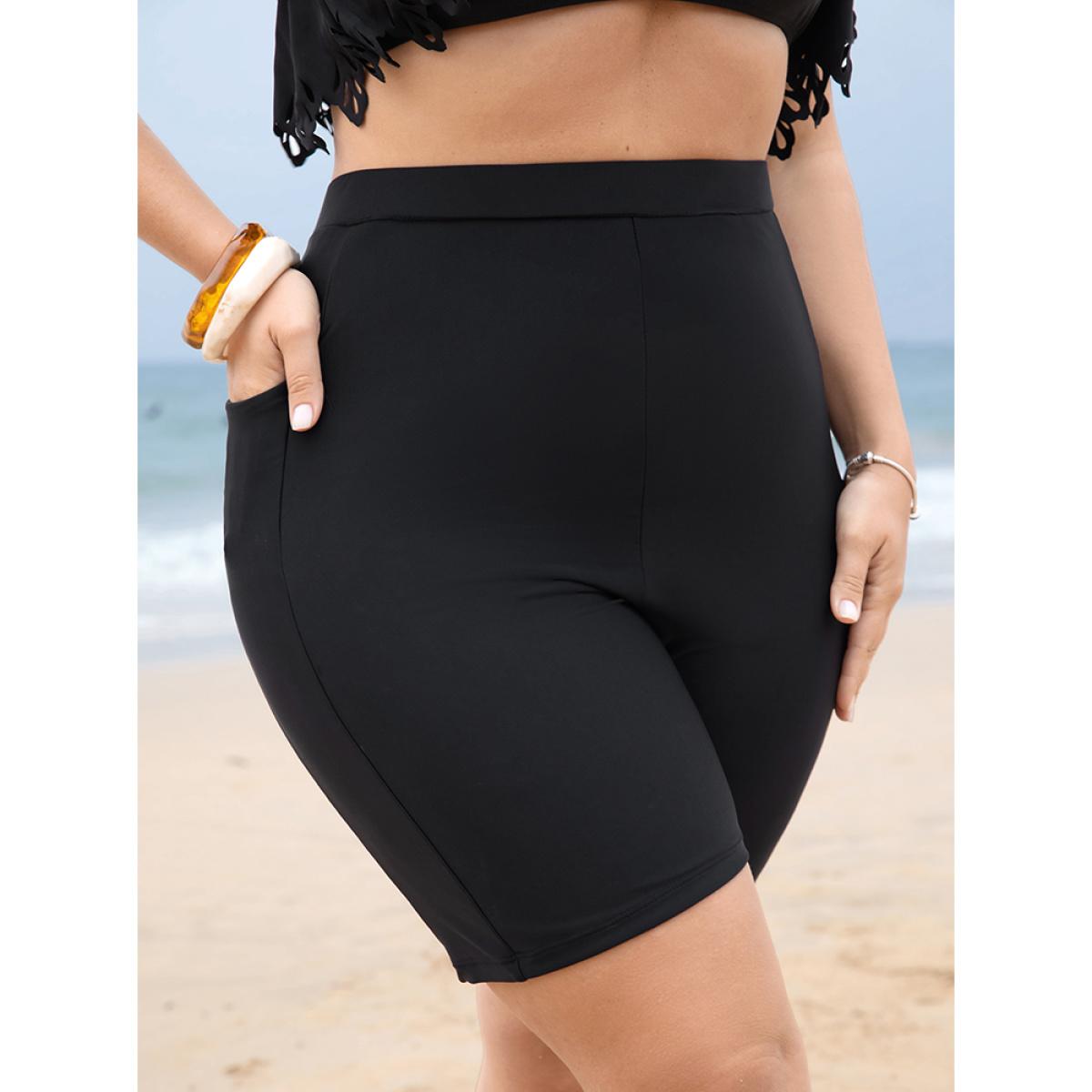 Plus Size High Waist Pocket Side Swim Shorts Women's Swimwear Black Beach Plain High stretch Skinny High Rise Curve Swim Bottoms BloomChic 30/6X Product Image