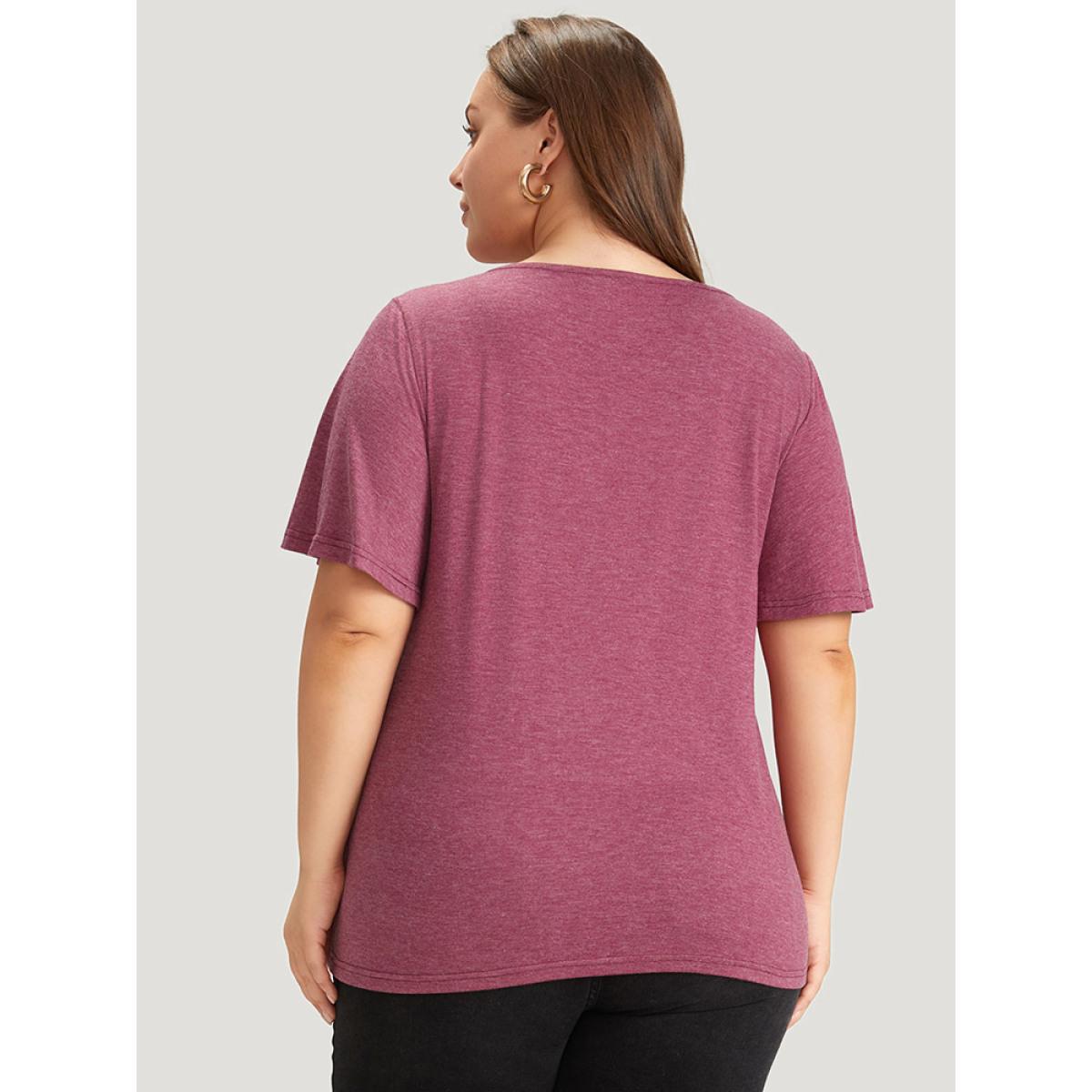 Plus Size Plain Keyhole Pearl Beaded Flutter Sleeve T-shirt RedViolet Women Elegant Cut-Out Plain Round Neck Dailywear T-shirts BloomChic 12/L Product Image