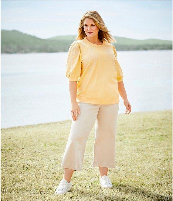 Nurture by Westbound Plus Size Knit Crew Neck Floral Embroidered Elbow Sleeve Top Product Image