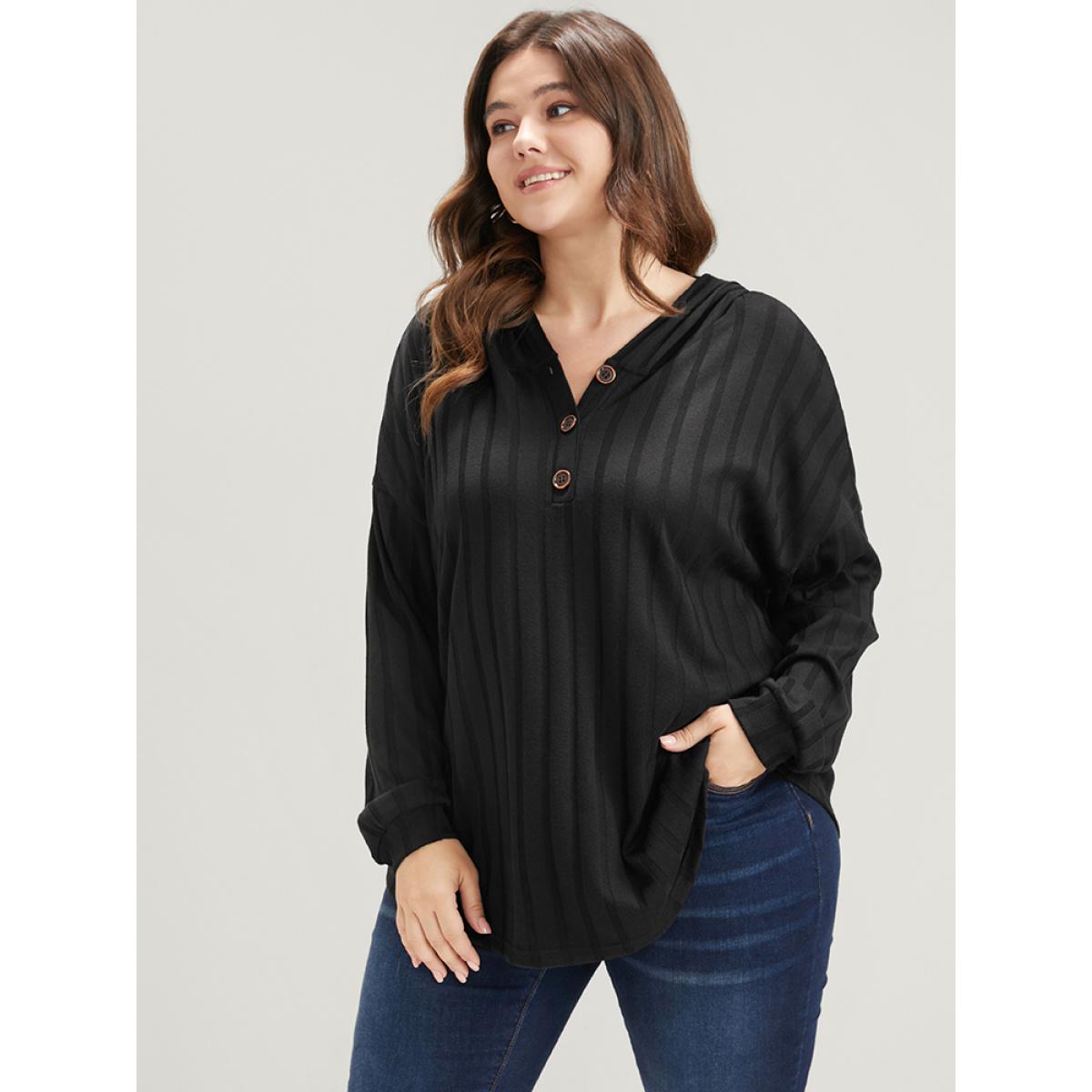 Plus Size Solid Button Rib Knit Arc Hem Hooded Sweatshirt Women Black Elegant Arc Hem Hooded Dailywear Sweatshirts BloomChic 28/5X Product Image