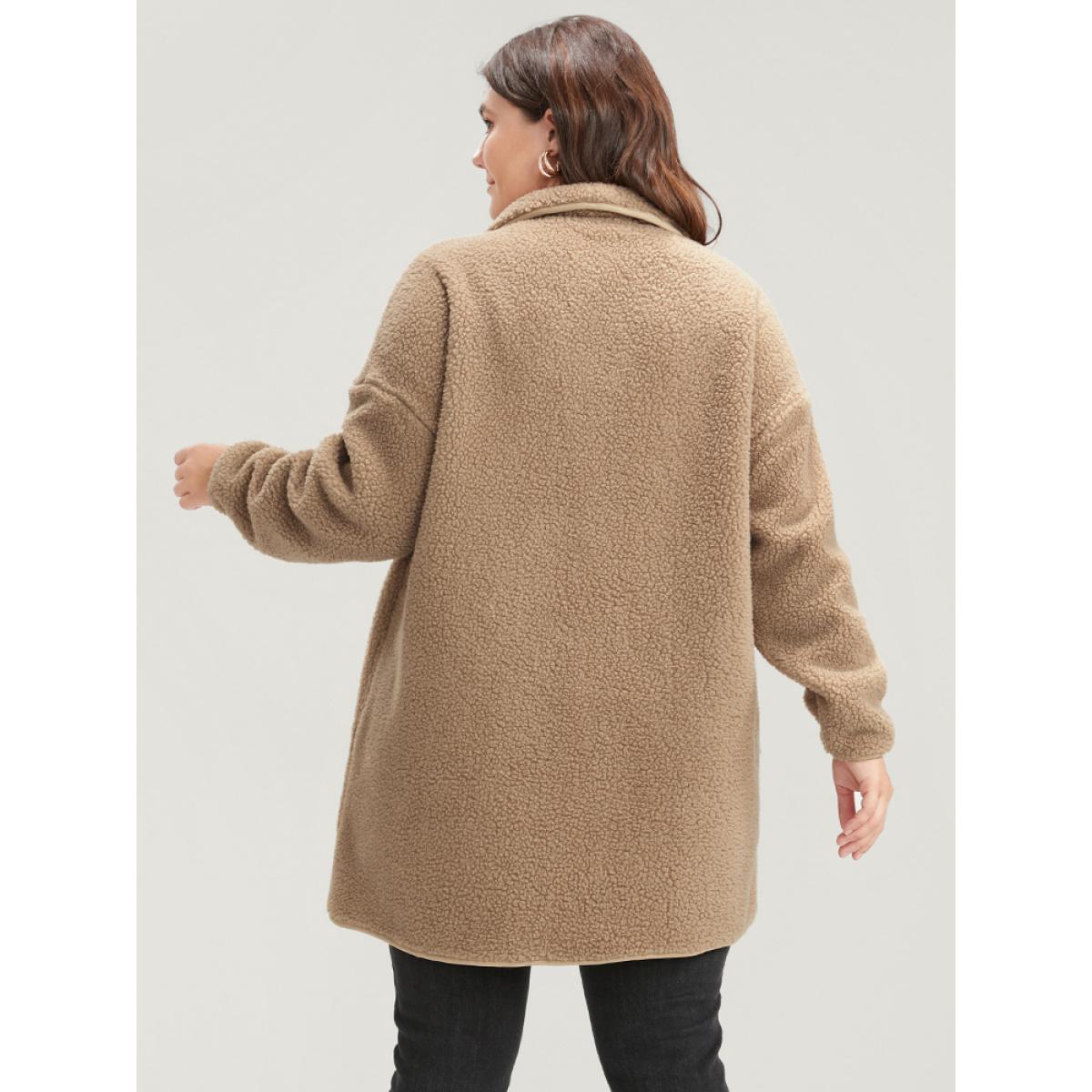 Plus Size Solid Pocket Open Front Teddy Coat Women LightBrown Casual Plain Loose Ladies Dailywear Winter Coats BloomChic 14-16/1X Product Image