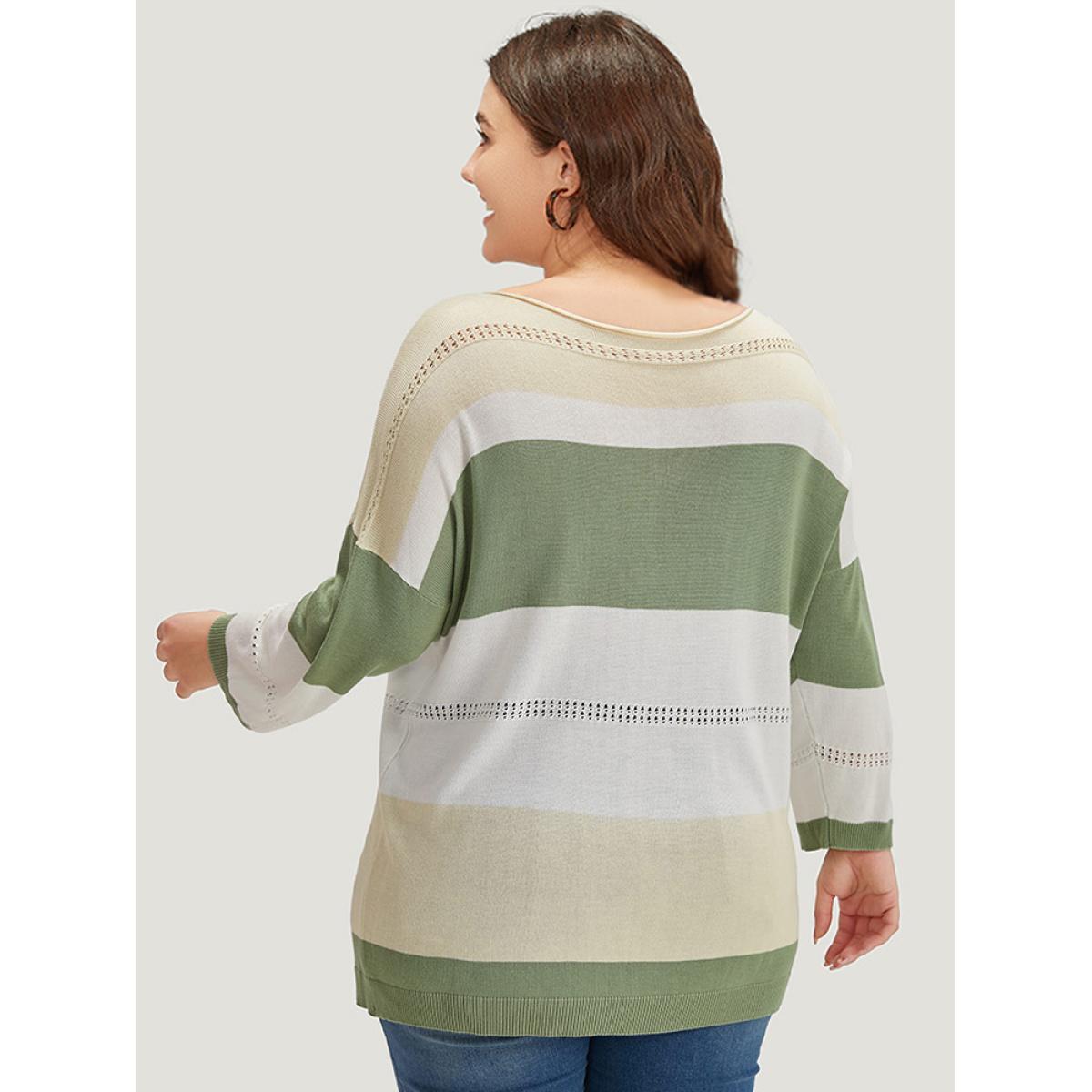 Plus Size Supersoft Essentials Colorblock Eyelet Batwing Sleeve Pullover Multicolor Women Casual Loose Long Sleeve V-neck Dailywear Pullovers BloomChic 28/5X Product Image