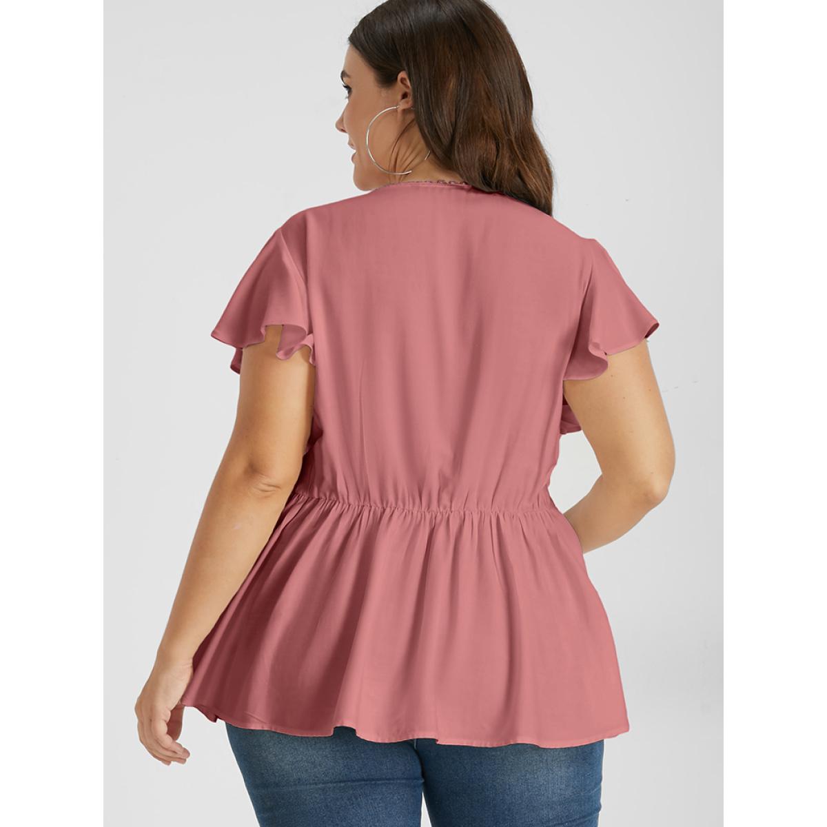 Pleated Flutter Sleeve Plain Plus Size Women Dailywear Blouses Short Sleeve V Neck Elegance Blouses BloomChic Product Image