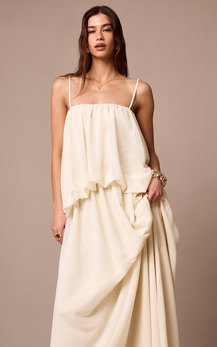 Cream Chiffon Layered Puffball Maxi Dress Product Image