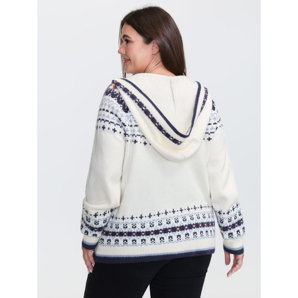 Plus Size Hooded Jacquard Pattern Button Knit Cardigan Ivory Women Leisure Loose Long Sleeve Casual Cardigans BloomChic 26/4X Product Image