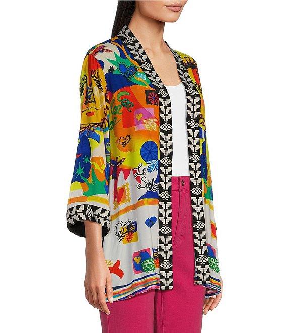 John Mark Open Front 3/4 Sleeve Satin Embroidered Kimono Product Image
