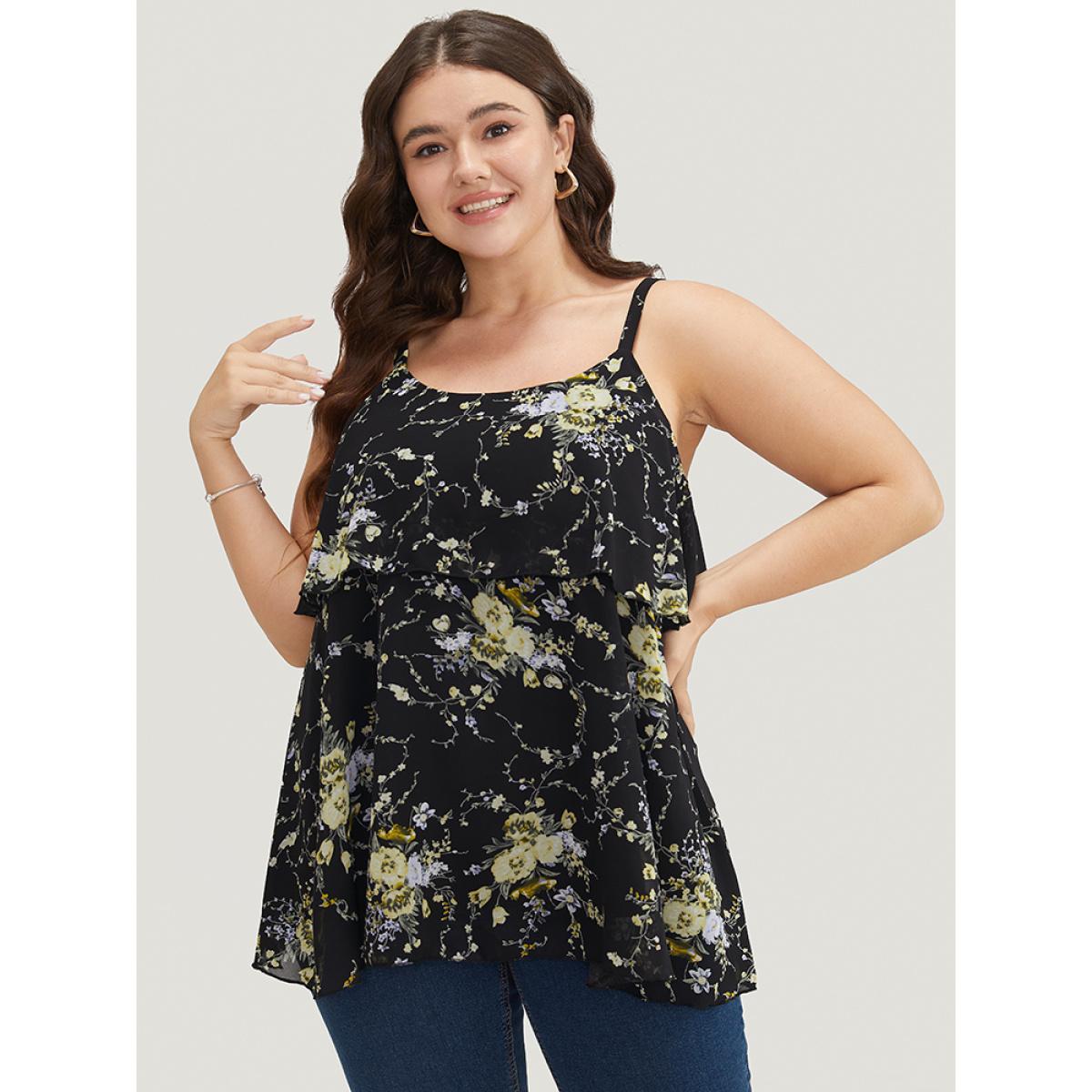 Plus Size Floral Print Adjustable Straps Tiered Hem Cami Top Women BlackFlower Elegant Adjustable Straps Spaghetti Strap Dailywear Tank Tops Camis BloomChic 10/M Product Image