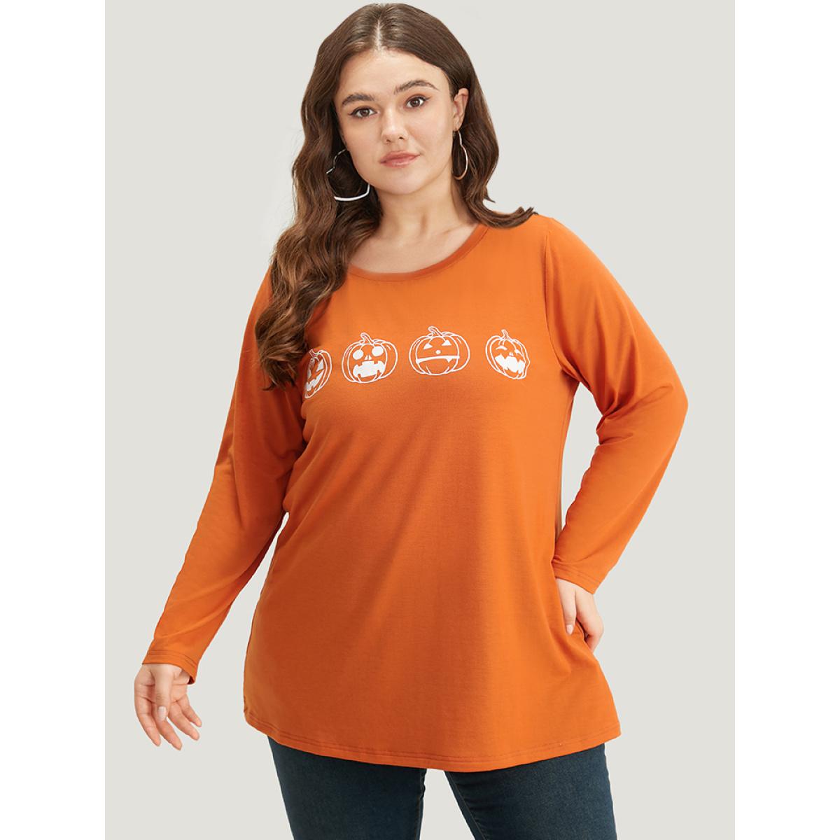Plus Size Halloween Pumpkin Print Round Neck T-shirt Chocolate Women Casual Printed Halloween Festival-Halloween T-shirts BloomChic 22-24/3X Product Image