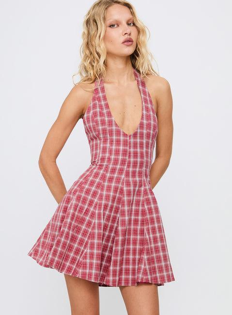 Out Of Nowhere Halter Mini Dress Red Check Product Image
