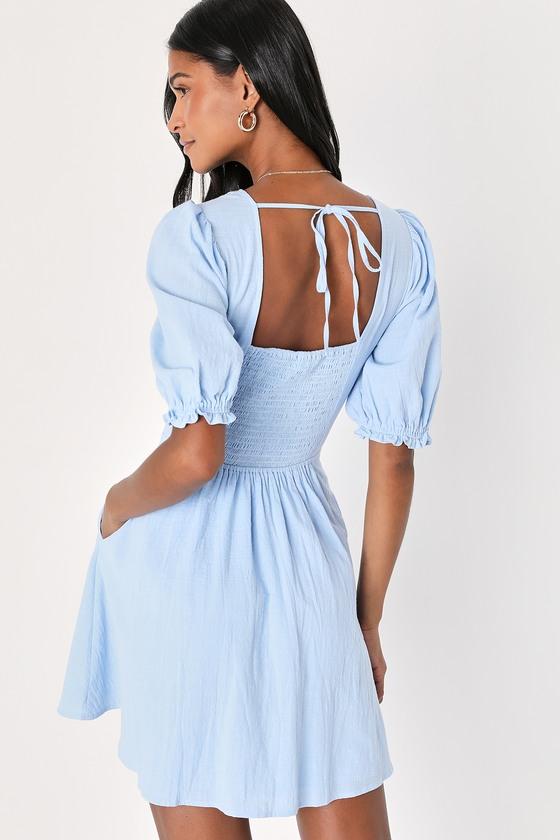 Dreaming of Paris Blue Puff Sleeve Mini Dress With Pockets Product Image