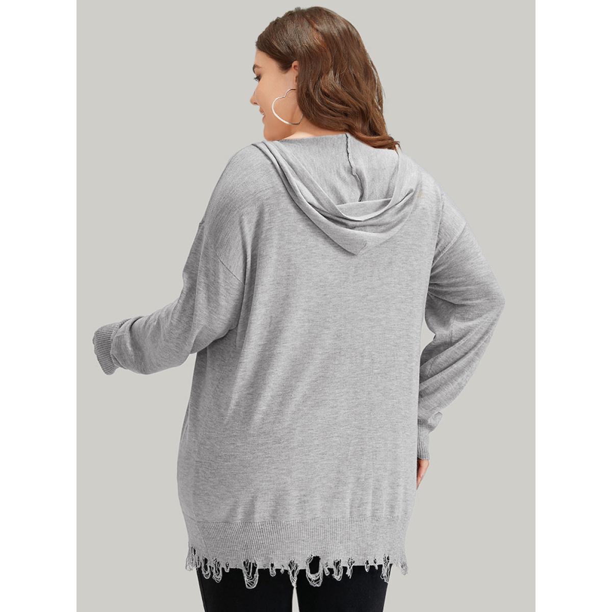Plus Size Supersoft Essentials Solid Hooded Raw Hem Drawstring Cardigan LightGray Women Casual Loose Long Sleeve Dailywear Cardigans BloomChic 22-24/3X Product Image