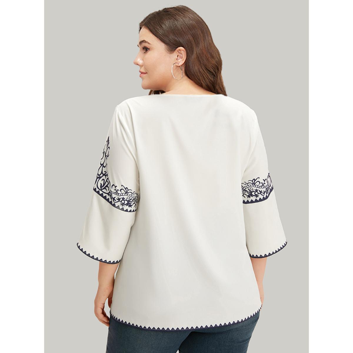 Plus Size WhiteSmoke Boho Print V Neck Petal Sleeve Blouse Women Vacation Elbow-length sleeve V-neck Dailywear Blouses BloomChic 18-20/2X Product Image