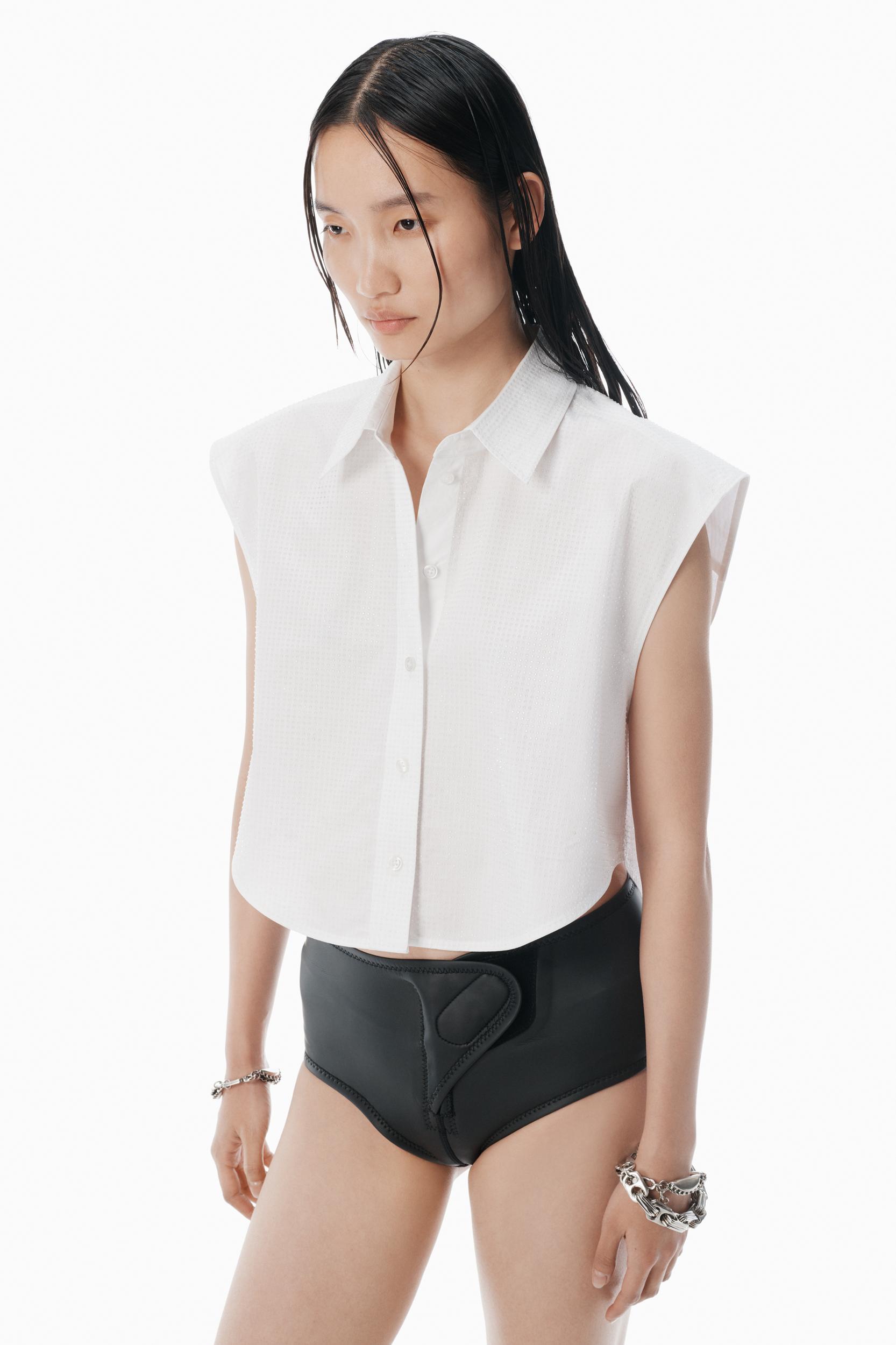 White Crystal Hotfix Cropped Shirt Product Image