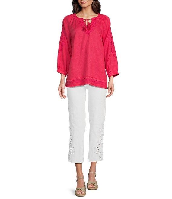 John Mark Linen Embroidered Split Neck 3/4 Sleeve Tunic Product Image