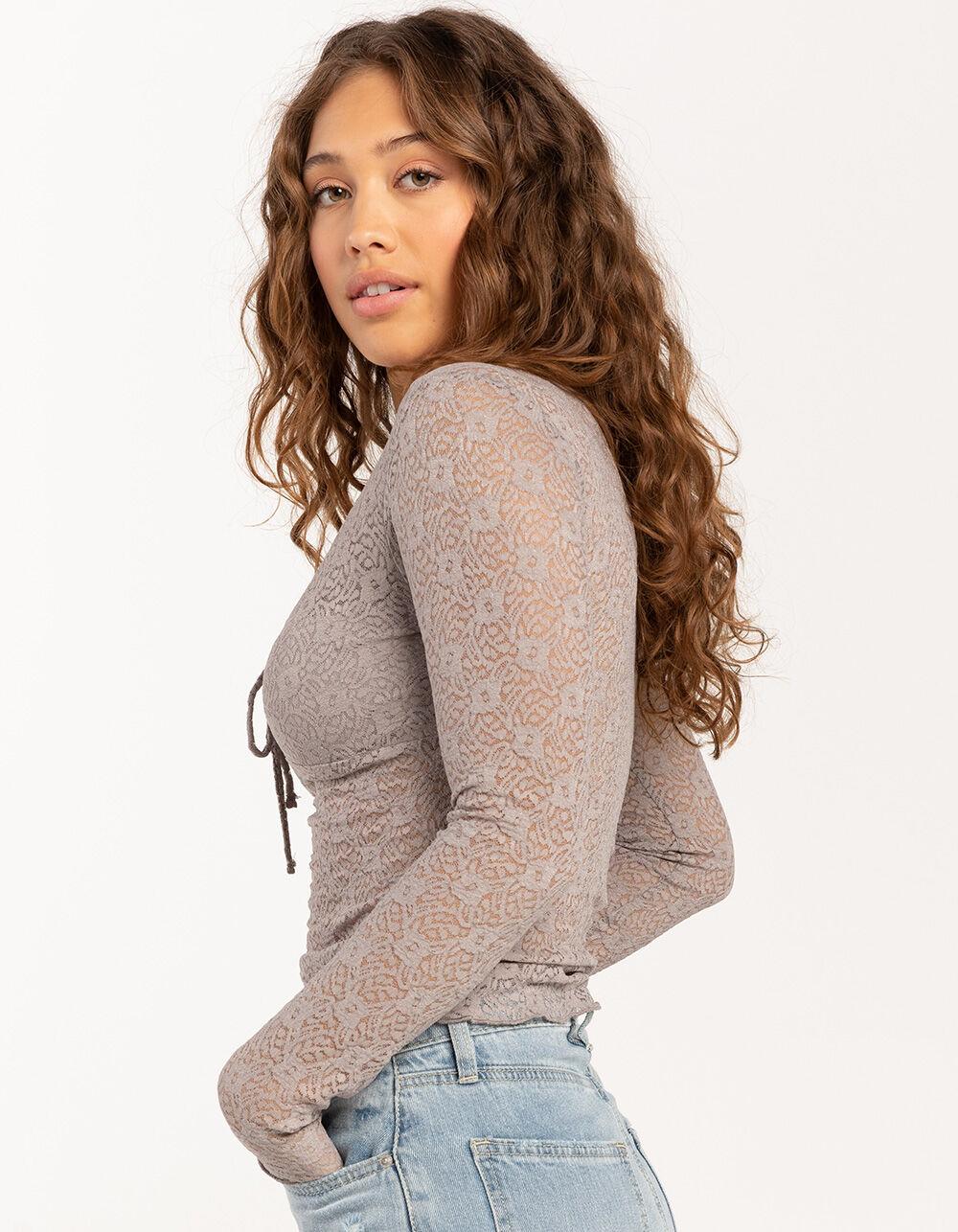 FULL TILT Lace Cinch Womens Long Sleeve Top - GRAY Product Image