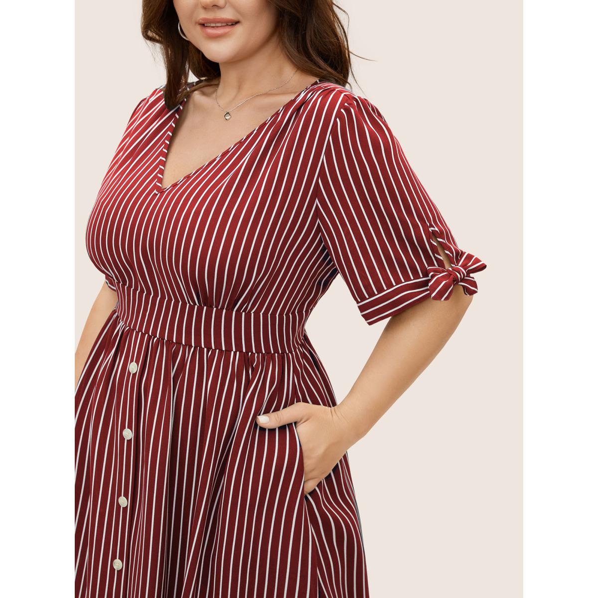 Plus Size Striped Knot Sleeve Button Detail Dress Scarlet Women At the Office Tie knot V-neck Short sleeve Curvy BloomChic 18-20/2X Product Image
