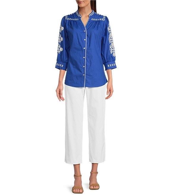Calessa Petite Size Woven Embroidered Split V-Neck 3/4 Sleeve Button Front Tunic Product Image
