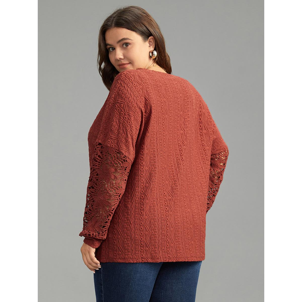 Plus Size Solid Plisse Guipure Lace T-shirt Rust Women Elegant Elastic cuffs Plain Round Neck Dailywear T-shirts BloomChic 18-20/2X Product Image