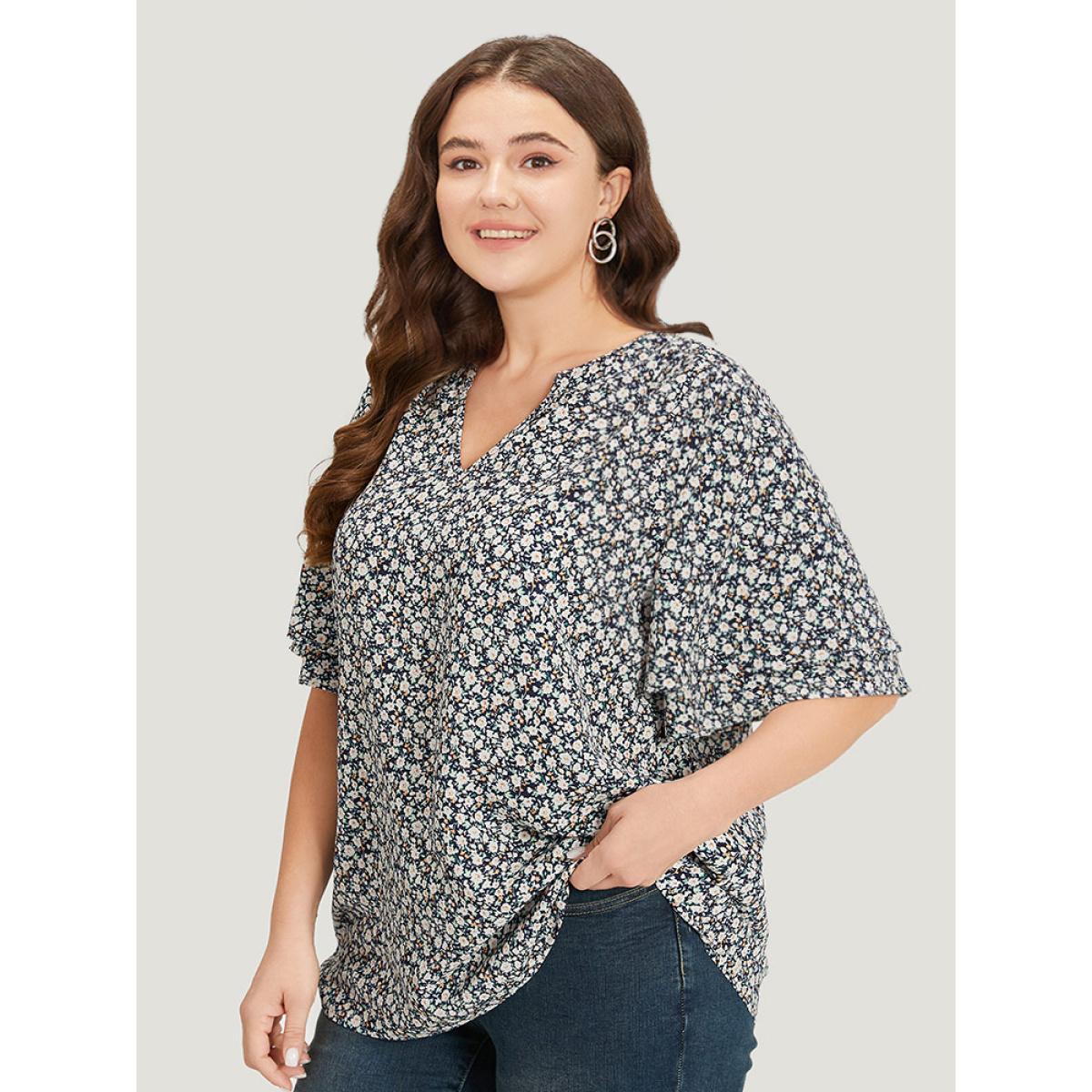 Plus Size Indigo Ditsy Floral Notched Flutter Sleeve Blouse Women Elegant Short sleeve Notched collar Dailywear Blouses BloomChic 30/6X Product Image