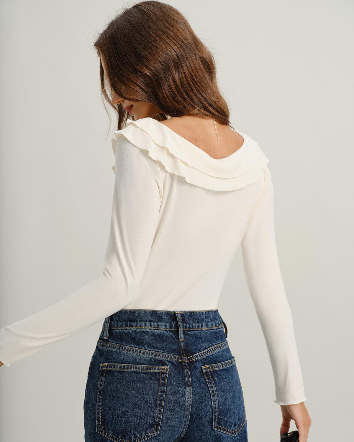 Beige V Neck Ruffle Twist Tee Product Image