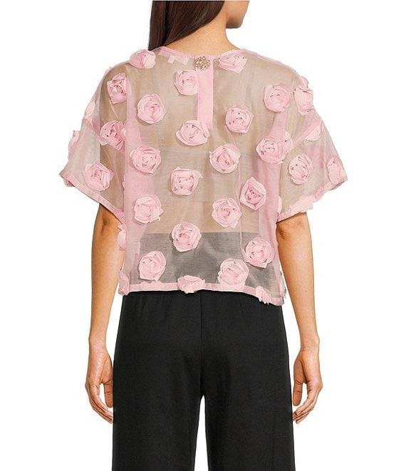 COREY LYNN CALTER Woven 3D Flower Crew Neck Short Sleeve Sheer Top Product Image