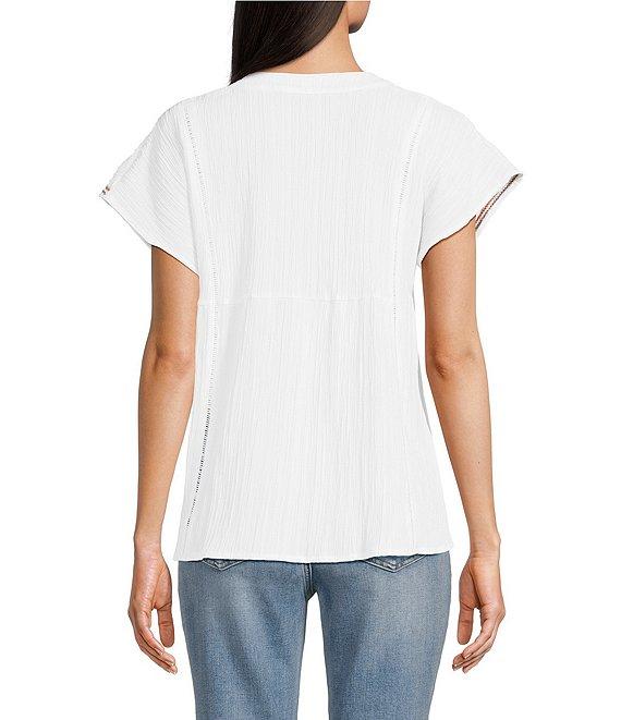 Calessa Split V-Neck Short Sleeve Embroidered Crinkle Top Product Image