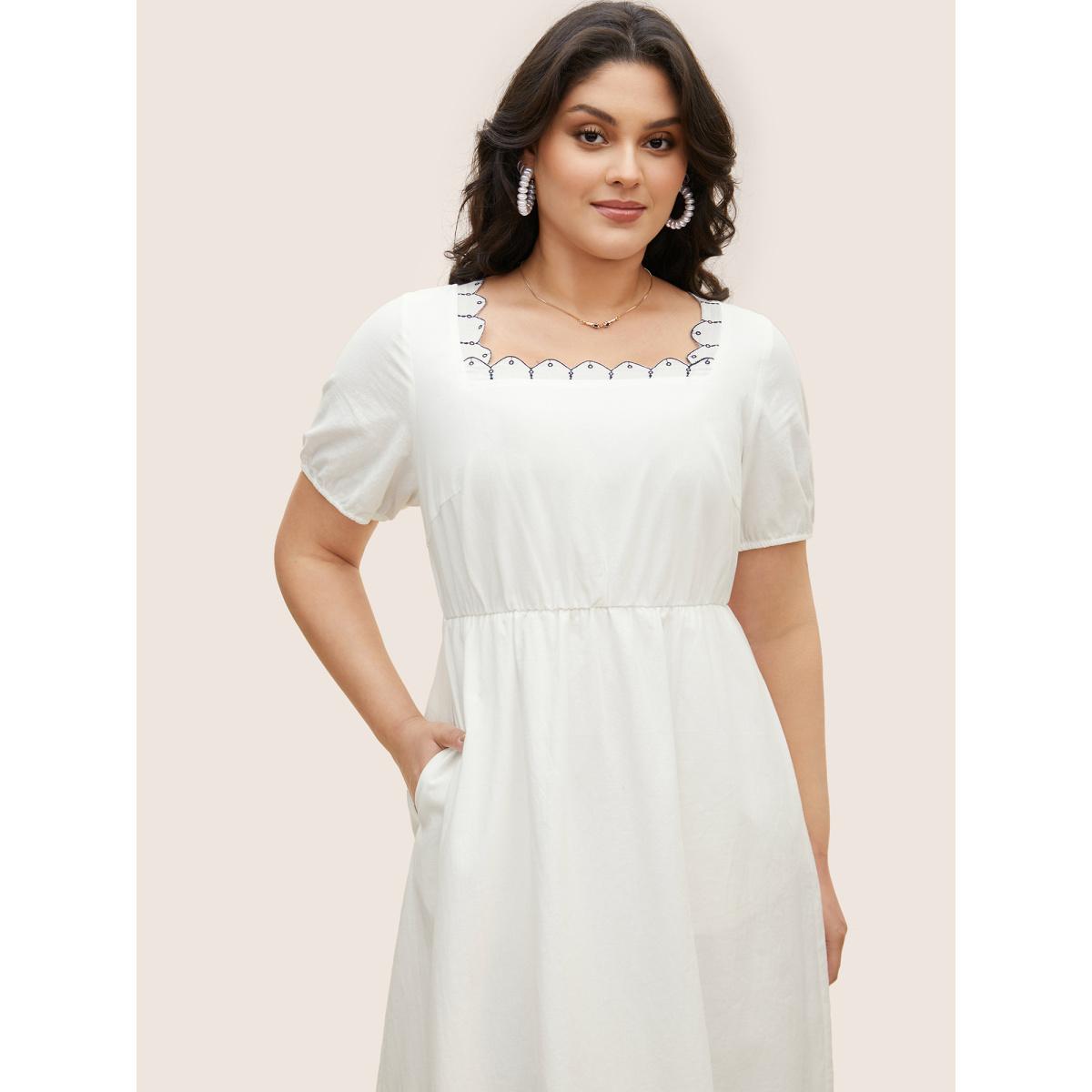 Plus Size Cotton Lace collar Lantern Sleeve Midi Dress Originalwhite Women Elegant Embroidered Lace collar Short sleeve Curvy BloomChic 14-16/1X Product Image